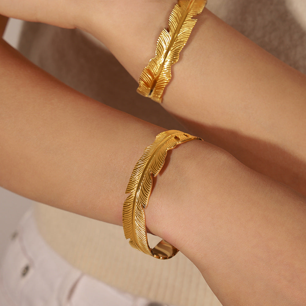 Stainless Steel Feather Cuff Bracelet Ring Jewelry Suit