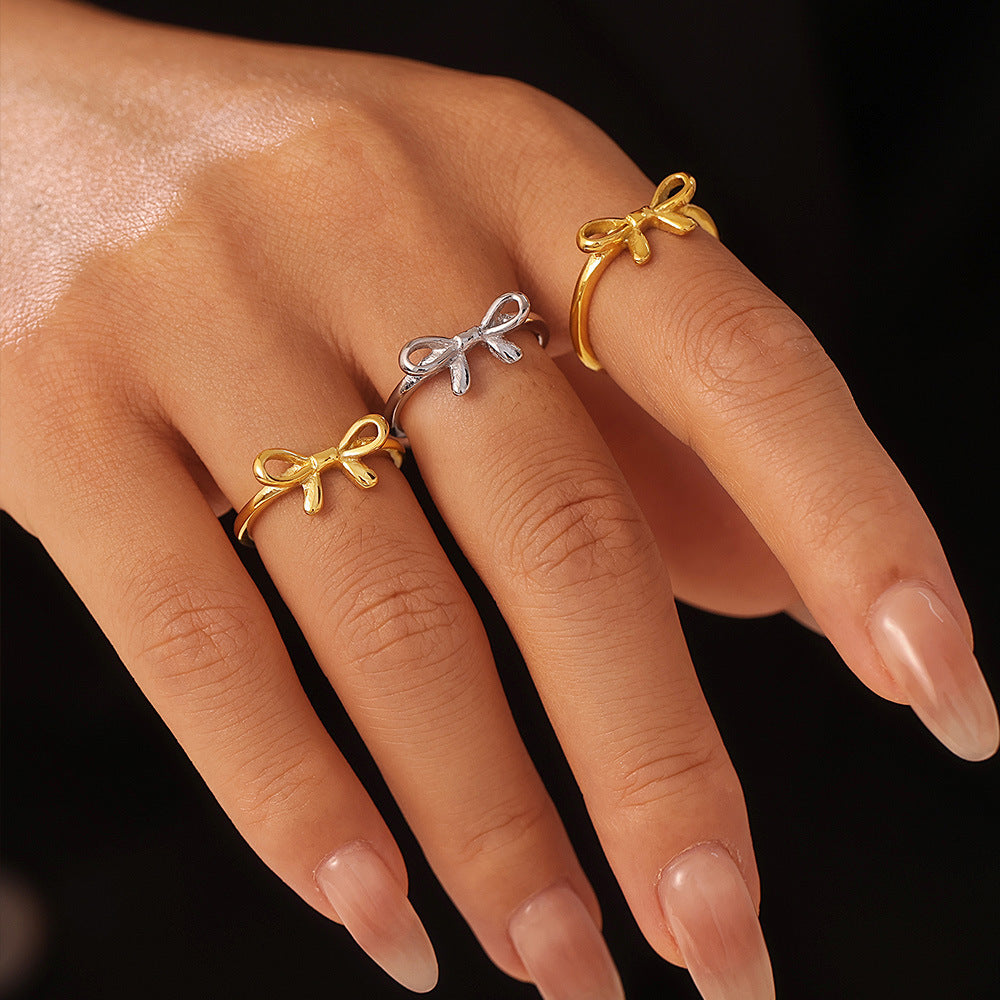 Polished Stainless Steel Thin Bracelet Bow Ring Jewelry Suit