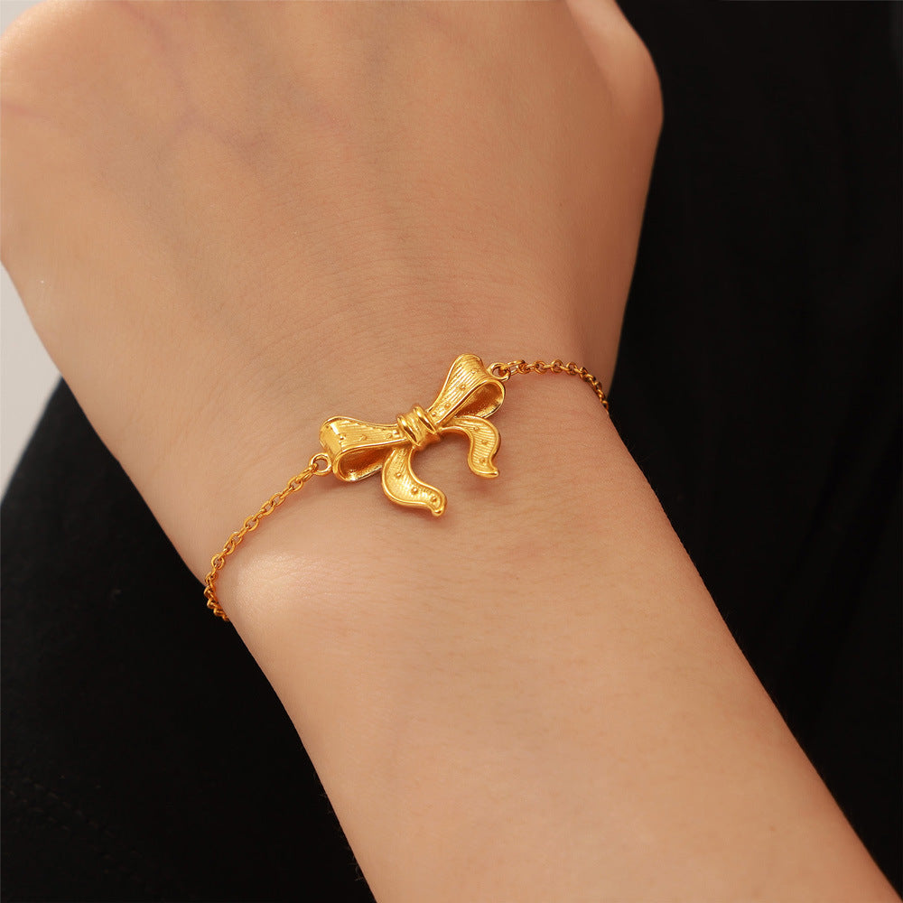 Textured Bow 3D Stainless Steel Bracelet Earrings Jewelry Suit
