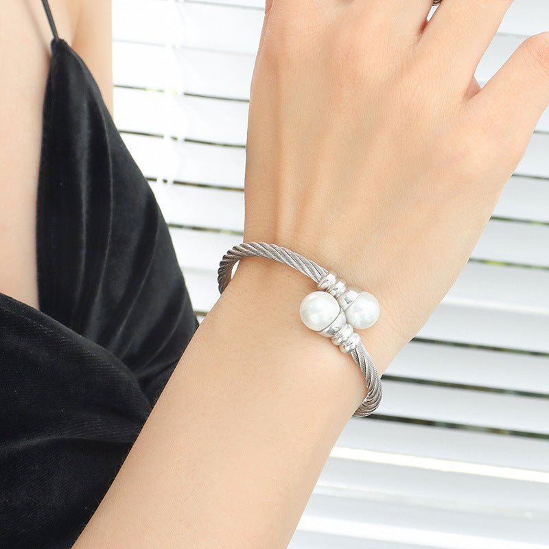 Glass Bead Cuff Stainless Steel Bracelet Earrings Jewelry Suit