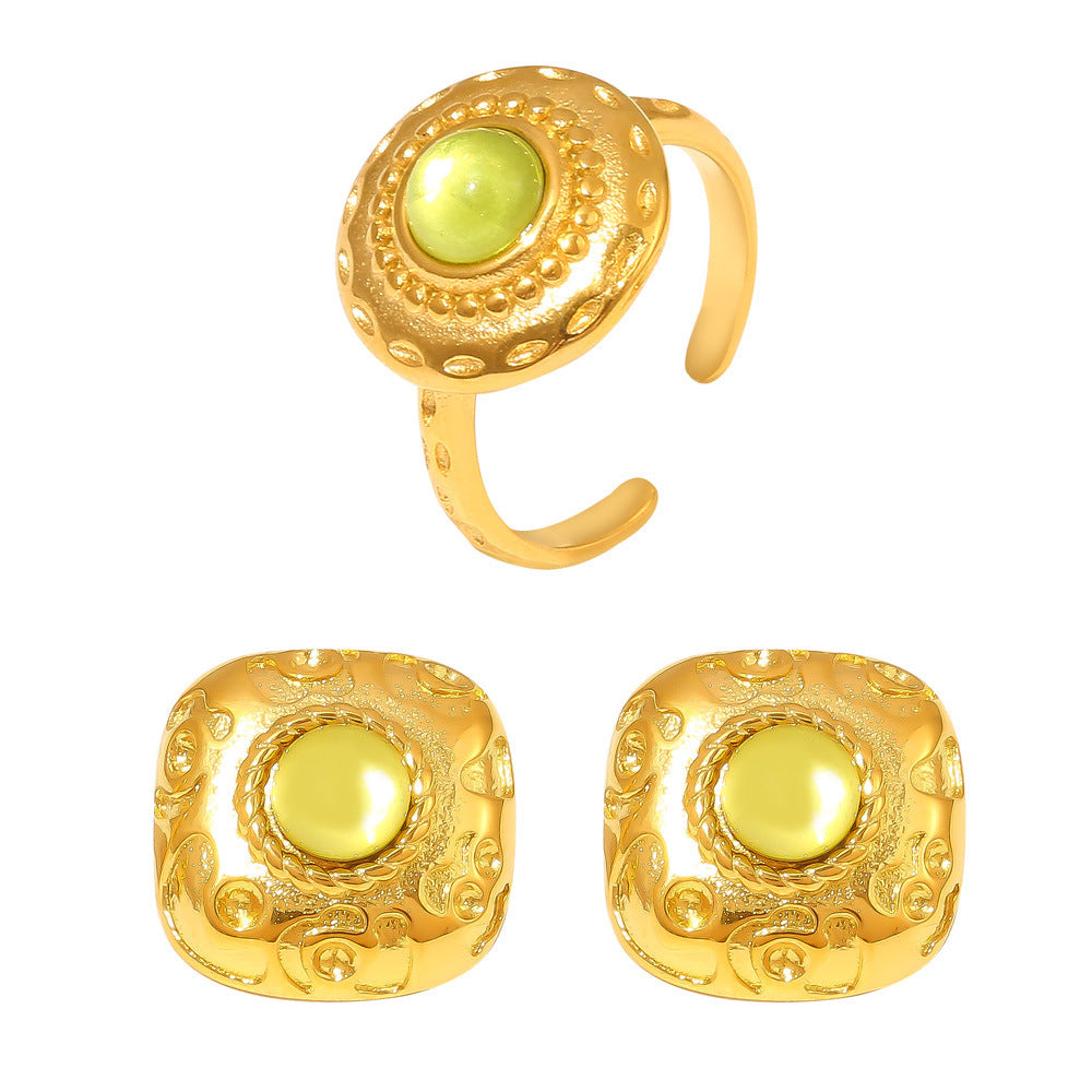 Threaded Green Glass Stainless Steel Earrings Ring Jewelry Suit