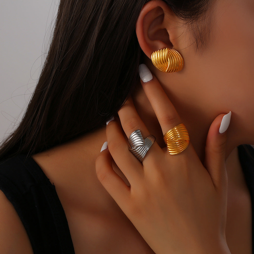 Stainless Steel Polished Line Multi-layered Texture Ring Earrings Jewelry Suit