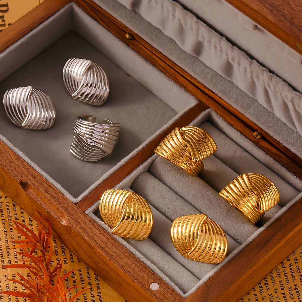 Stainless Steel Polished Line Multi-layered Texture Ring Earrings Jewelry Suit