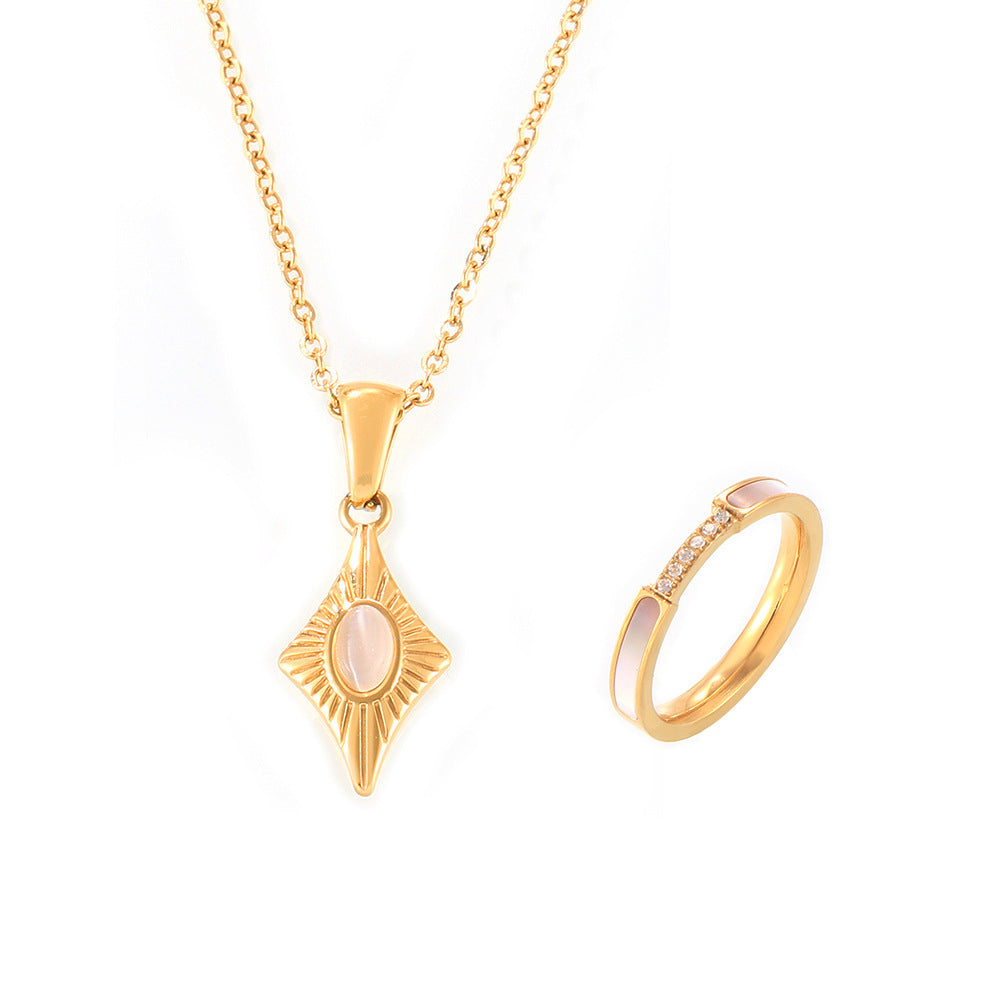 Four-pointed Star Cat's Eye Pendant Necklace Seashell Ring Jewelry Suit