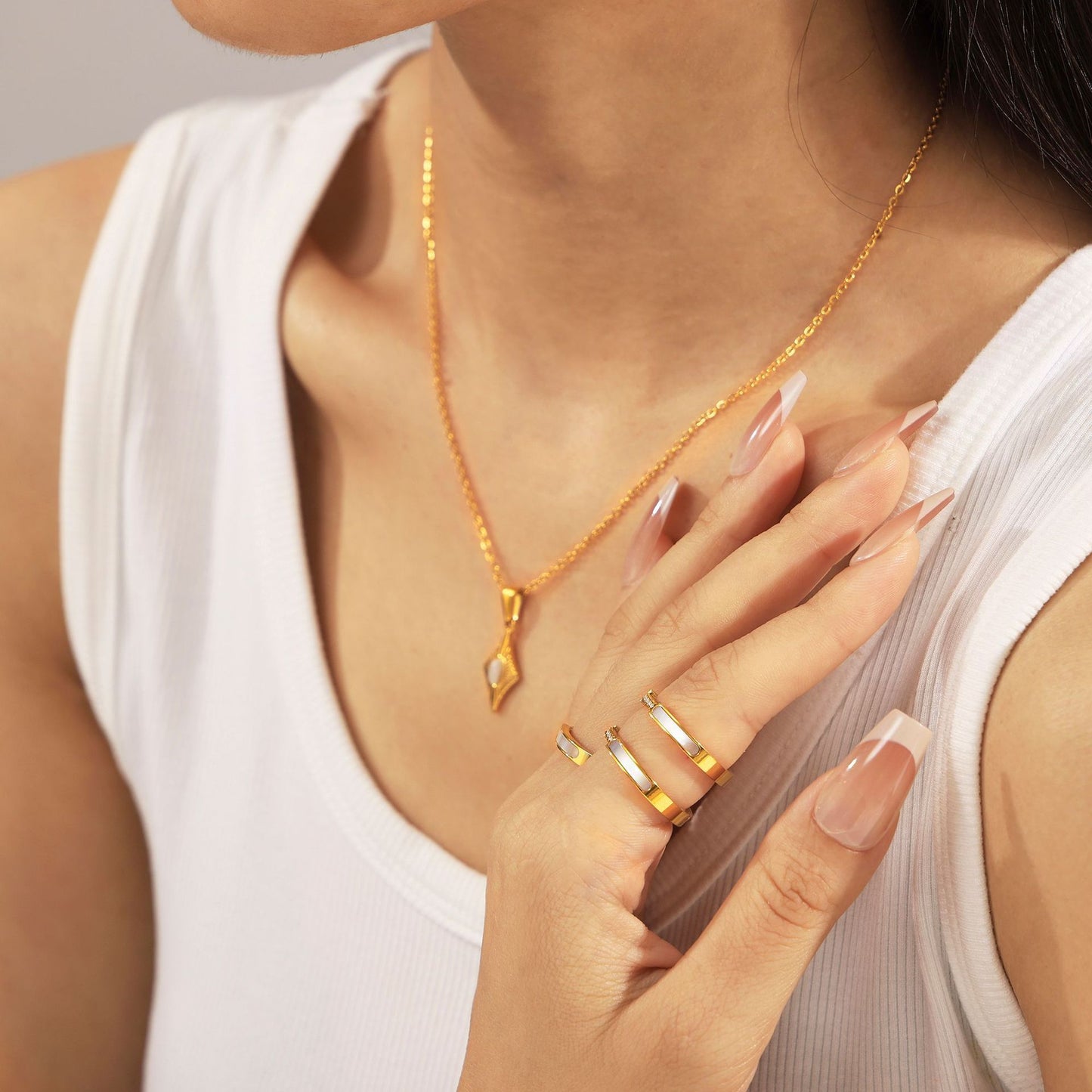Four-pointed Star Cat's Eye Pendant Necklace Seashell Ring Jewelry Suit