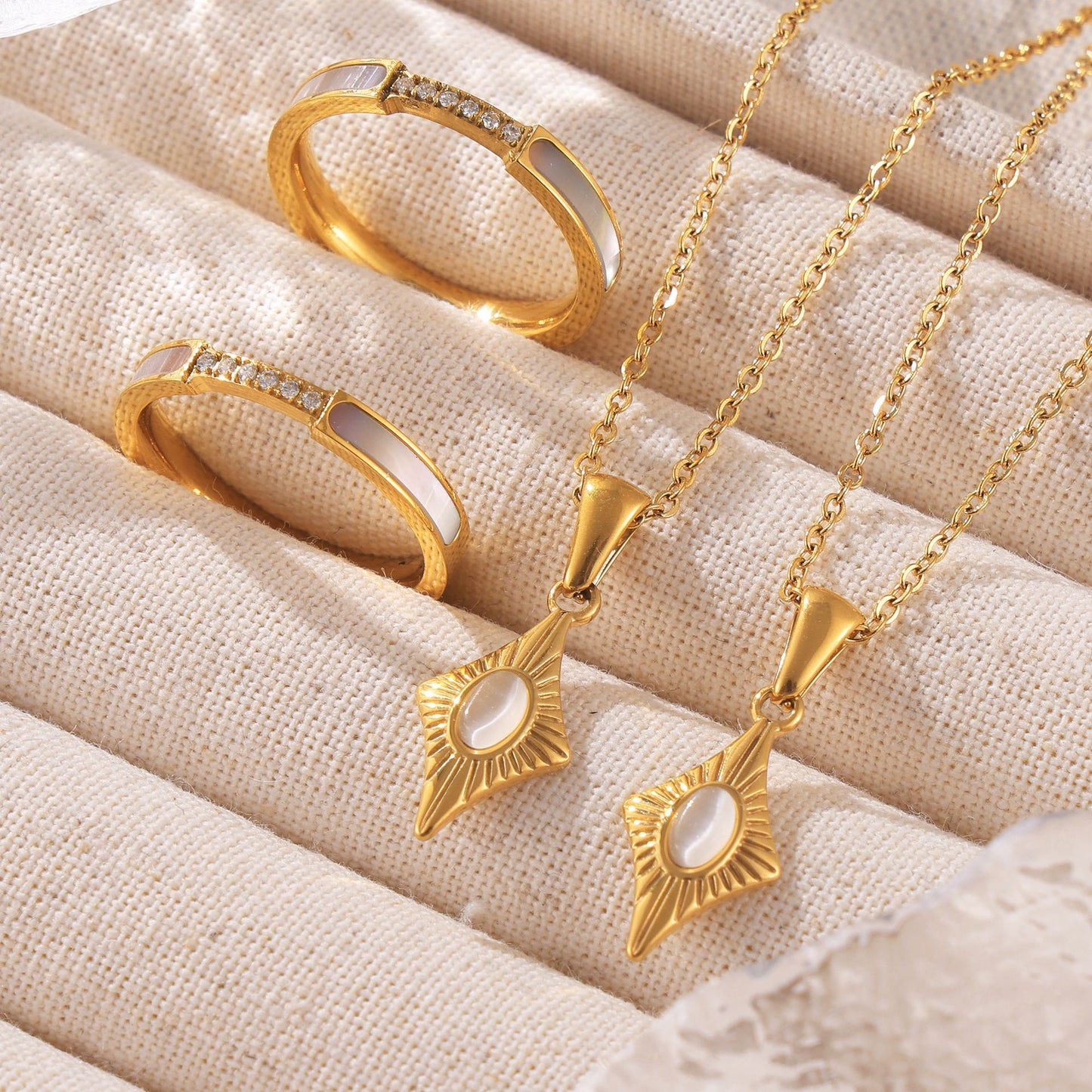 Four-pointed Star Cat's Eye Pendant Necklace Seashell Ring Jewelry Suit