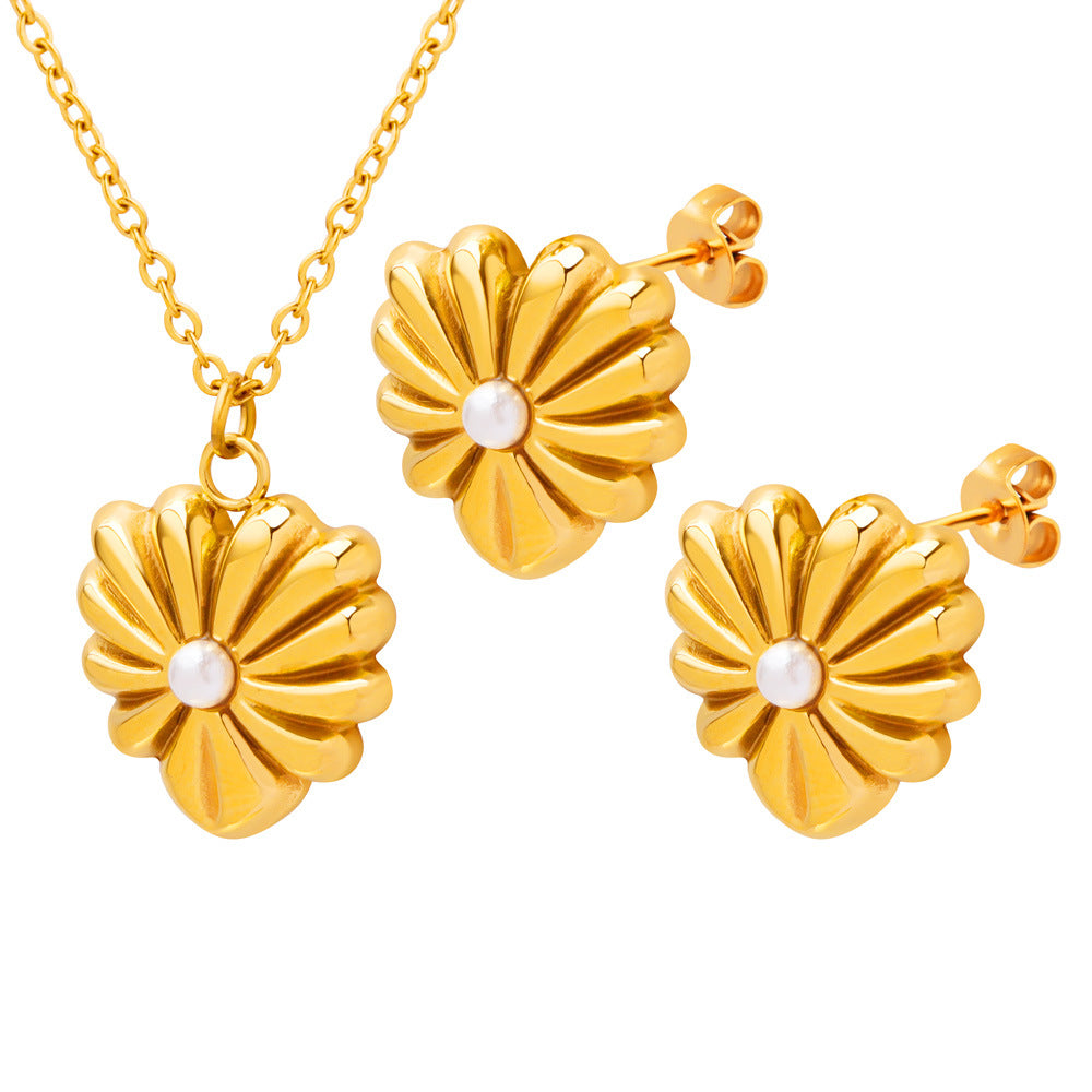 Textured Heart Inlay Imitation Pearl Earrings Necklace Jewelry Suit