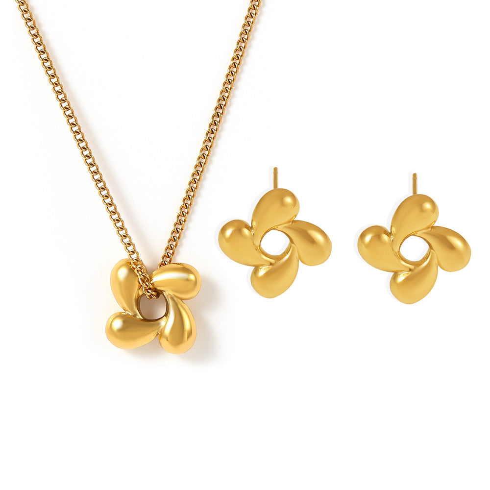 Rotating Flower Stainless Steel Necklace Earrings Jewelry Suit