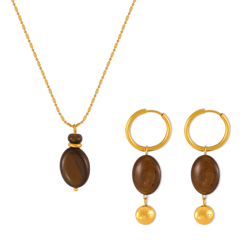 Tiger Eye Stone Pendant Stainless Steel Earrings Necklace Jewelry Suit