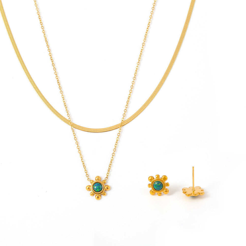 Sunflower Inlay Natural Gemstone Necklace Earrings Jewelry Suit