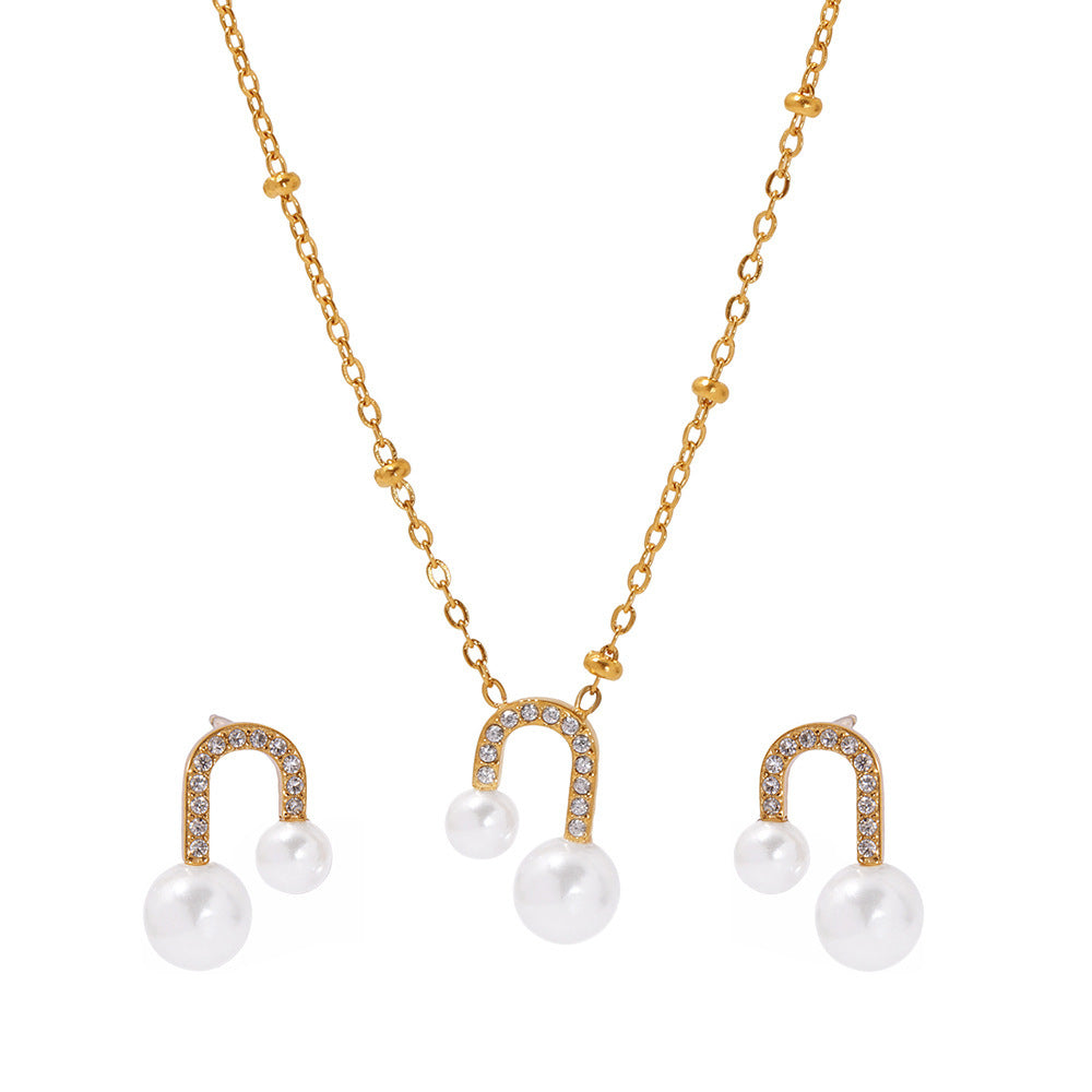 U-Shaped Imitation Pearl Cubic Zirconia Necklace Earrings Jewelry Suit