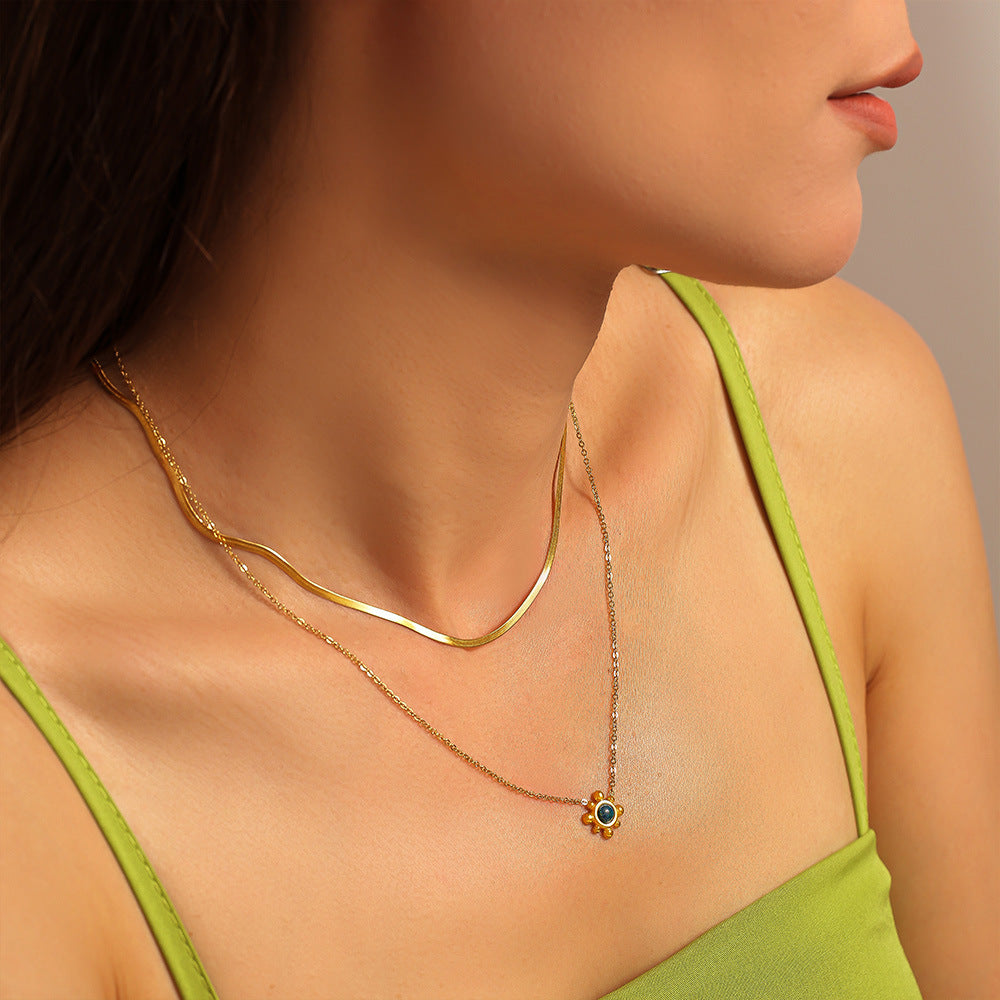 Sunflower Inlay Natural Gemstone Necklace Earrings Jewelry Suit