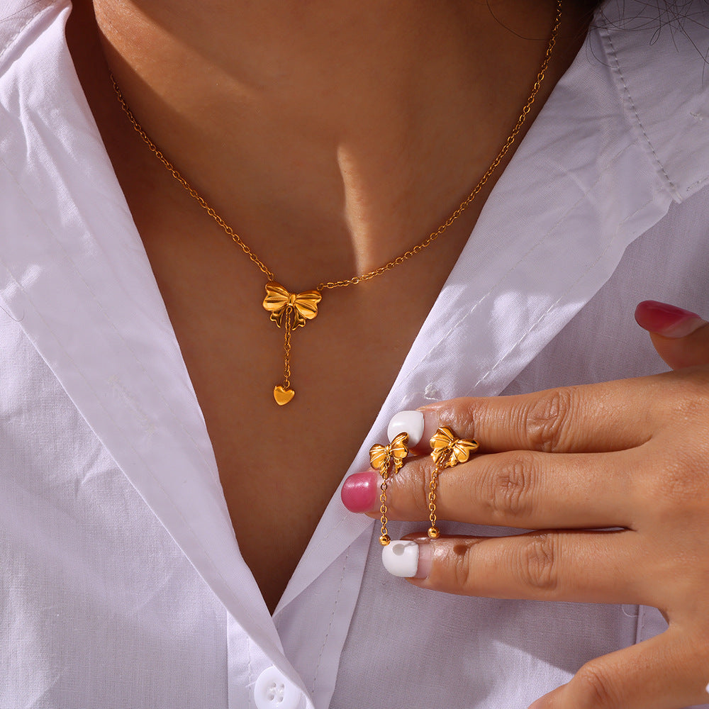 Bow Pendant Tassel Necklace Earrings Jewelry Suit