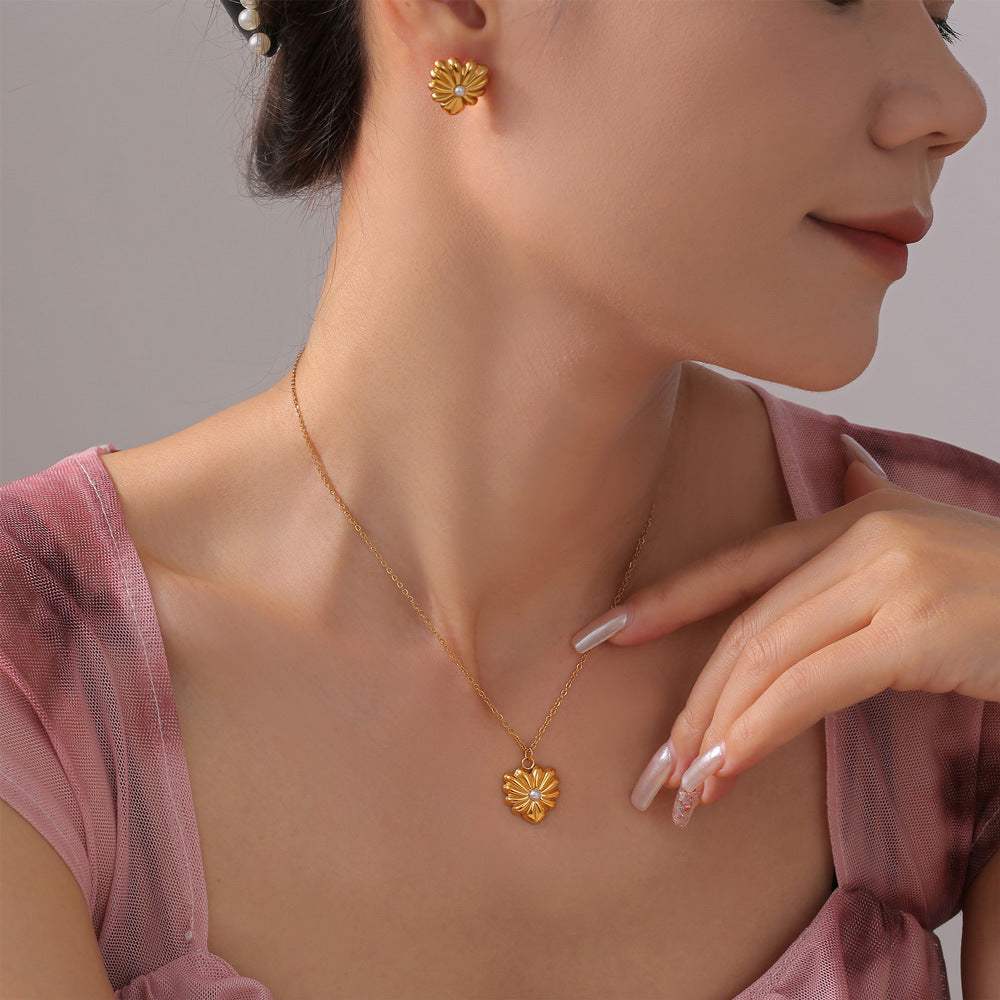 Textured Heart Inlay Imitation Pearl Earrings Necklace Jewelry Suit