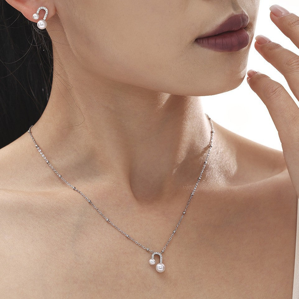 U-Shaped Imitation Pearl Cubic Zirconia Necklace Earrings Jewelry Suit