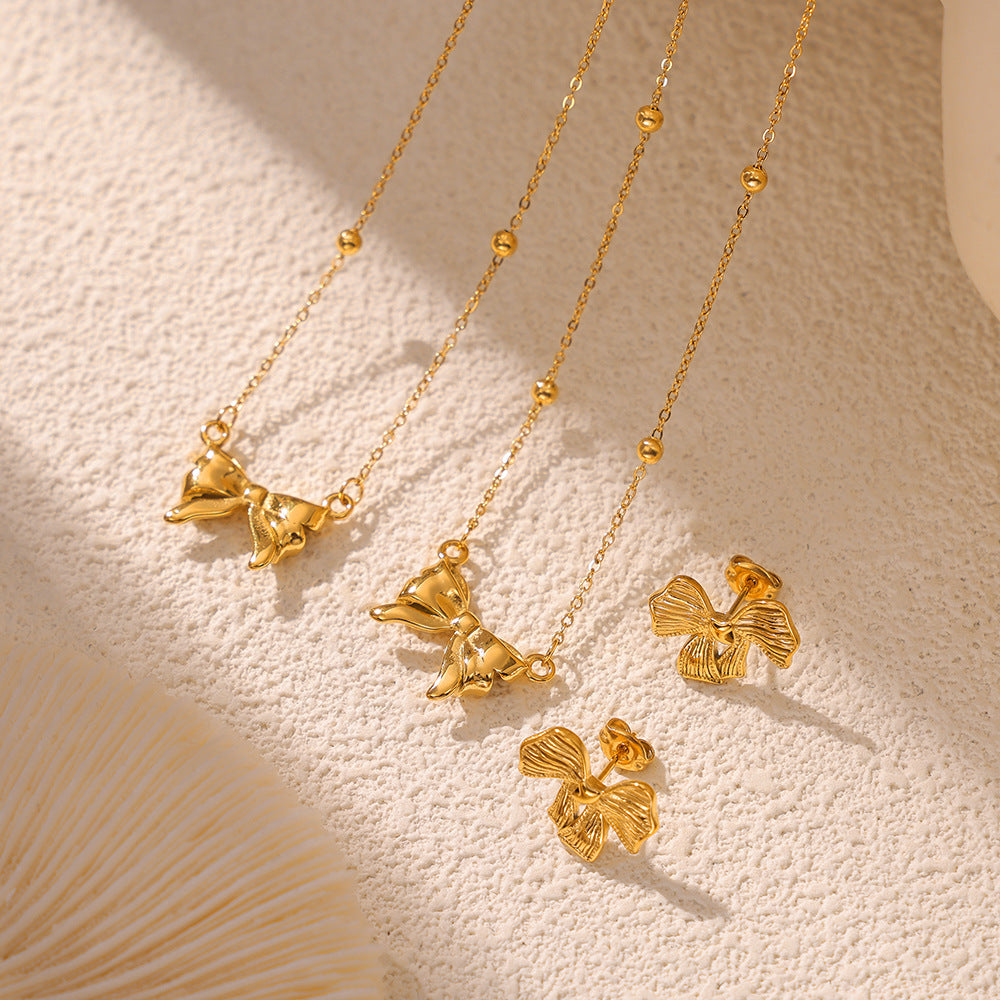Stainless Steel Bow Pendant Necklace Textured Bow Earrings Jewelry Suit