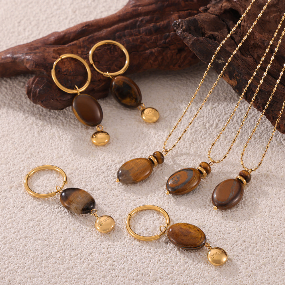 Tiger Eye Stone Pendant Stainless Steel Earrings Necklace Jewelry Suit