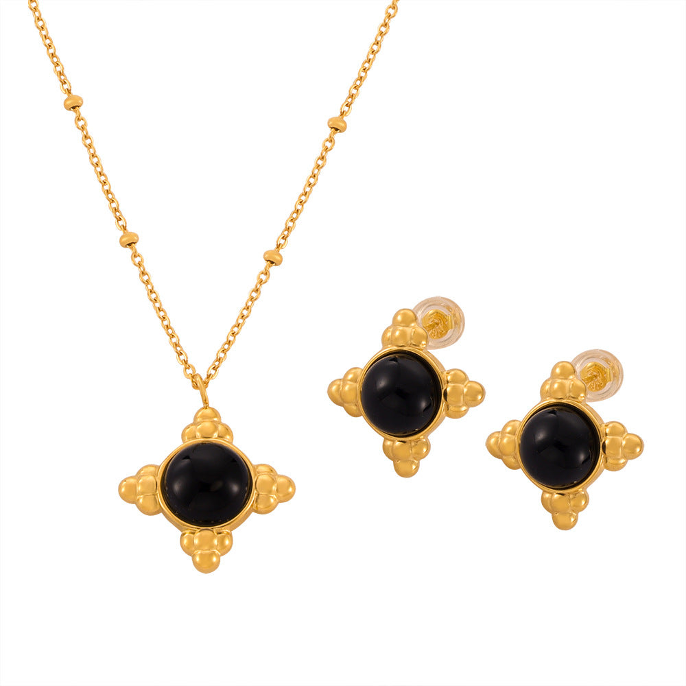 Bead Edge Round Pendant Inlaid with Agate Stone Necklace Earrings Jewelry Suit