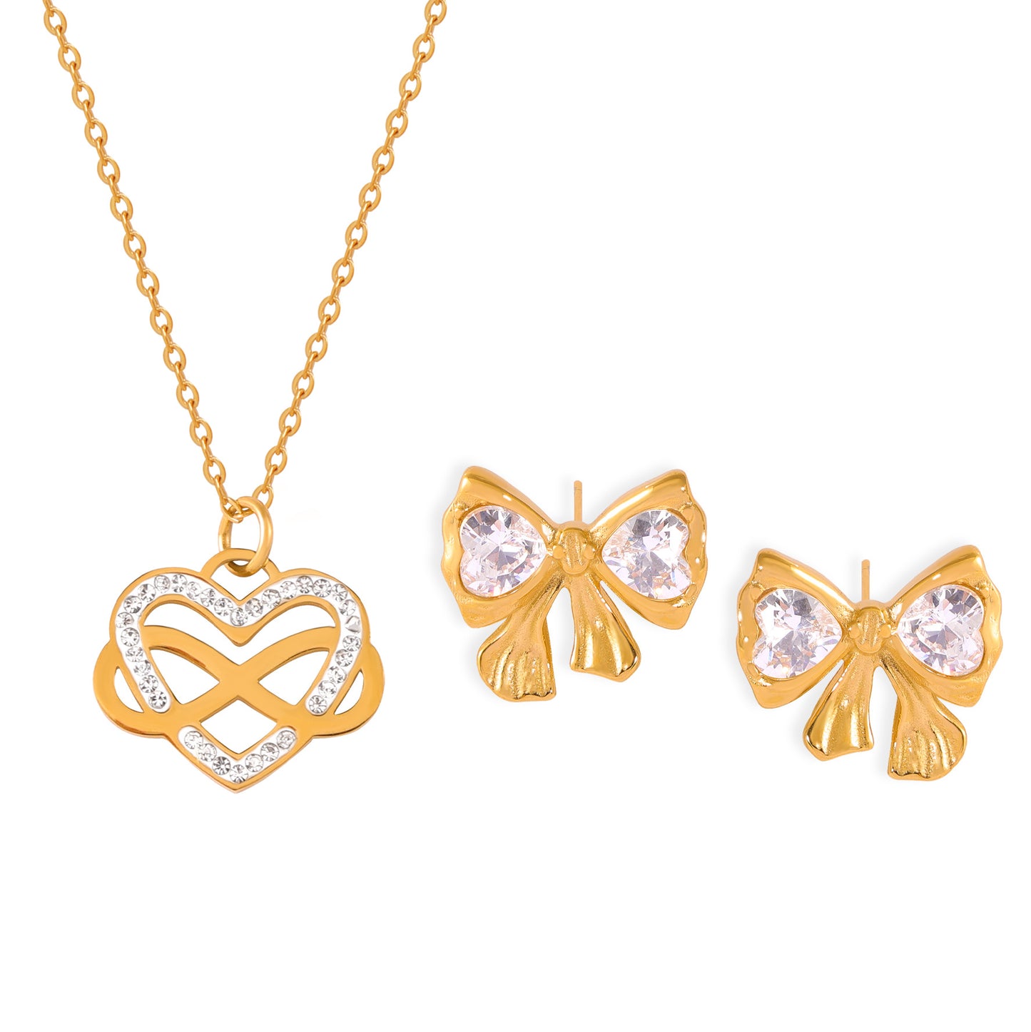 Heart Wrap Pendant Necklace Bowknot Cubic Zirconia Earrings Jewelry Suit
