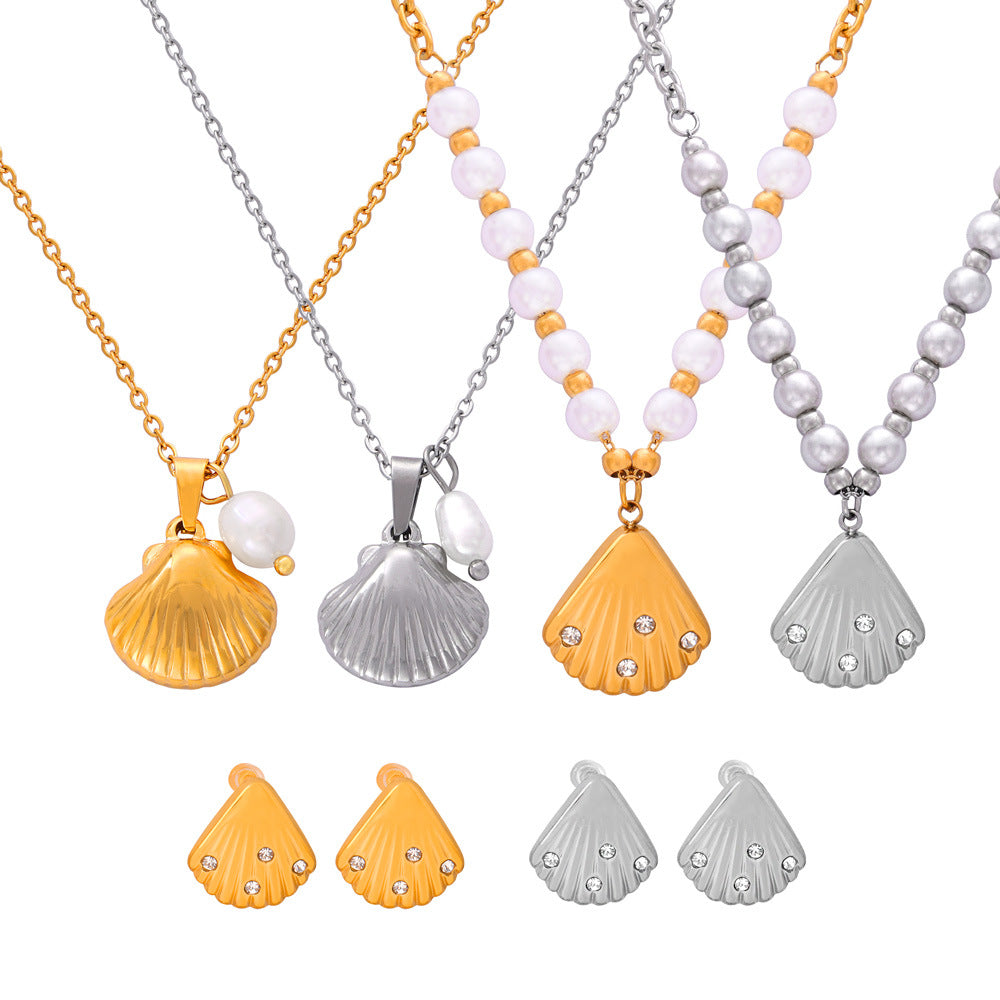 Stainless Steel Shell Shape Pendant Necklace Earrings Jewelry Suit