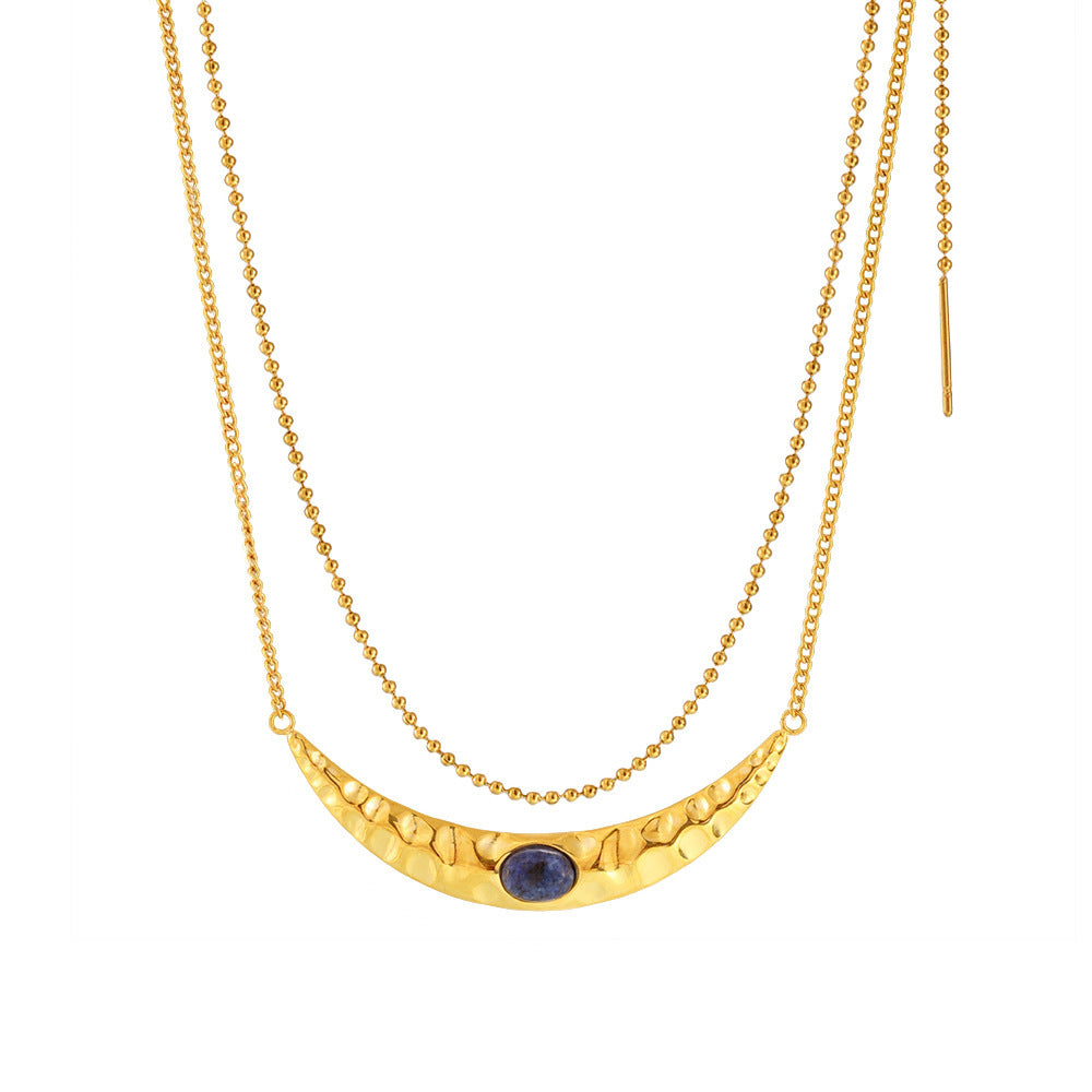 Crescent Moon Inlay Lapis Lazuli Double Necklace Imitation Pearl Earrings Jewelry Suit