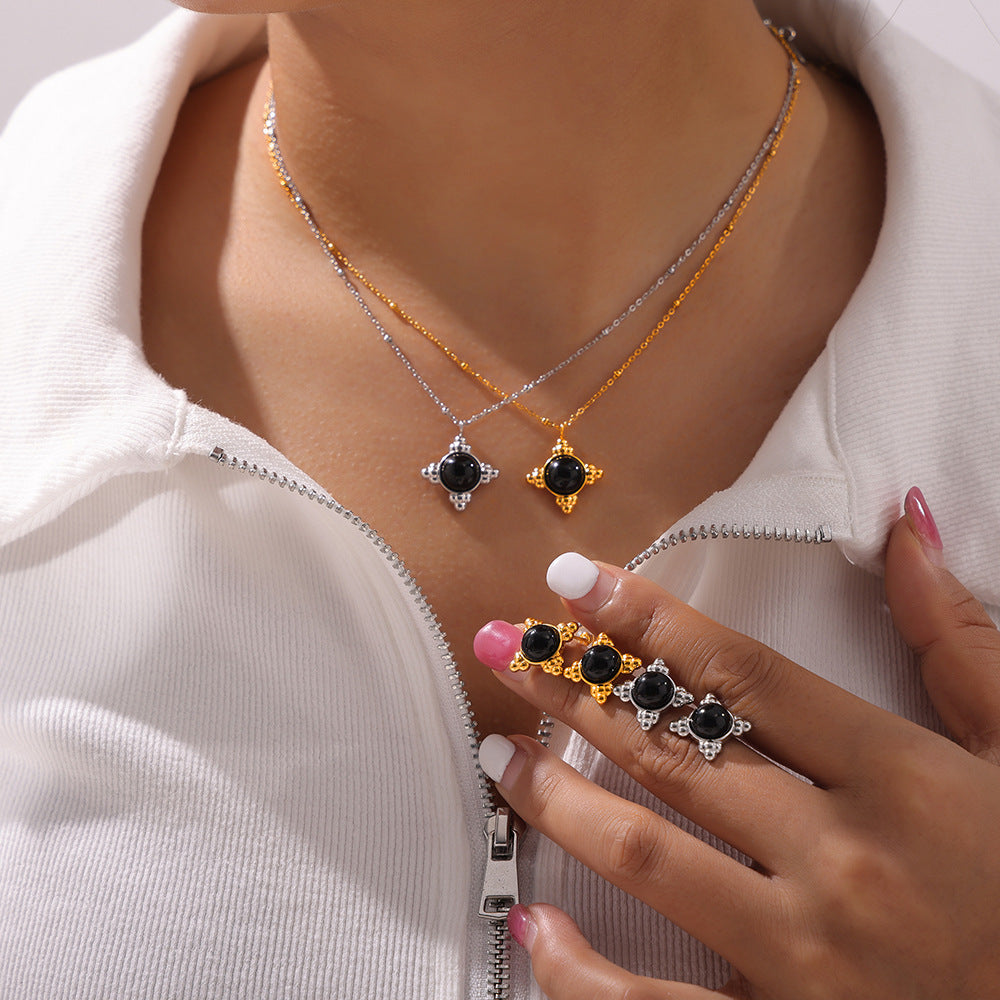 Bead Edge Round Pendant Inlaid with Agate Stone Necklace Earrings Jewelry Suit