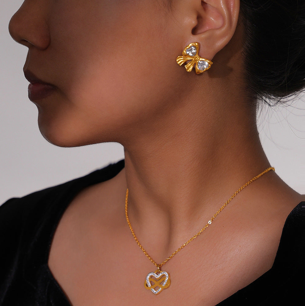 Heart Wrap Pendant Necklace Bowknot Cubic Zirconia Earrings Jewelry Suit