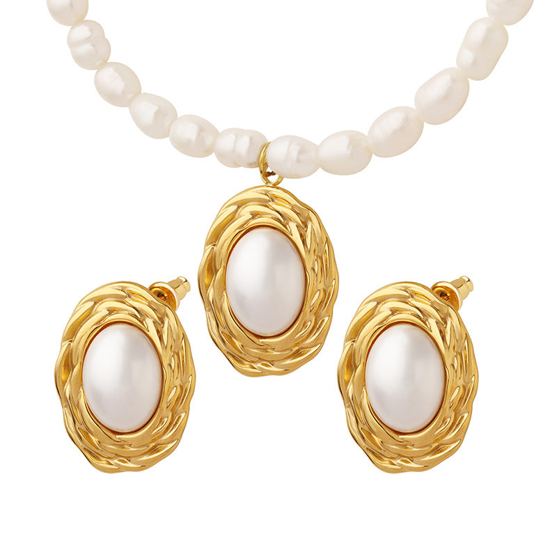 Freshwater Pearl Beaded Textured Oval Necklace Earrings Jewelry Suit