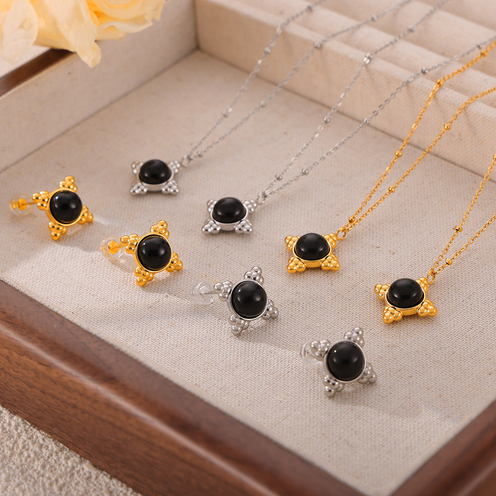 Bead Edge Round Pendant Inlaid with Agate Stone Necklace Earrings Jewelry Suit