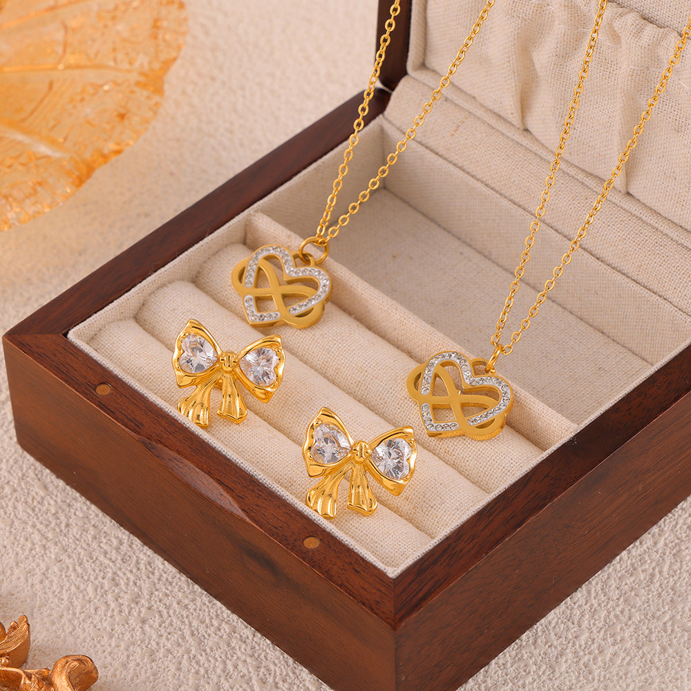 Heart Wrap Pendant Necklace Bowknot Cubic Zirconia Earrings Jewelry Suit