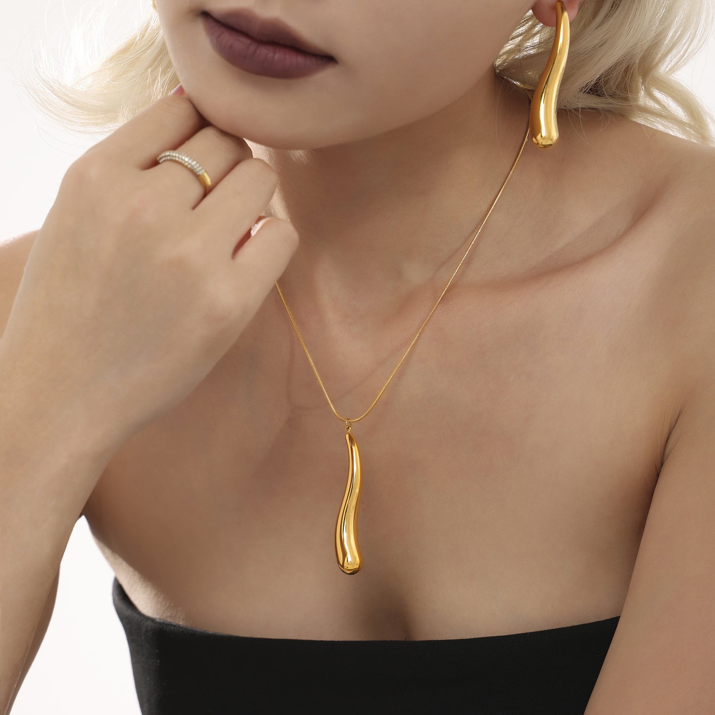 Bar Water Drop Hollow Pendant Necklace Earrings Jewelry Suit