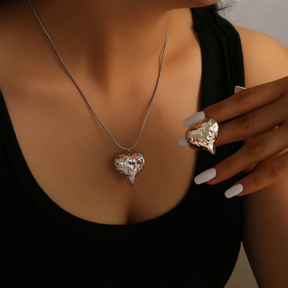 Irregular Texture Heart Necklace Earrings Jewelry Suit