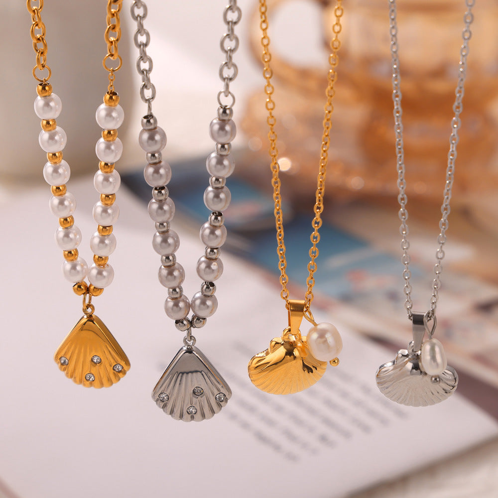 Stainless Steel Shell Shape Pendant Necklace Earrings Jewelry Suit
