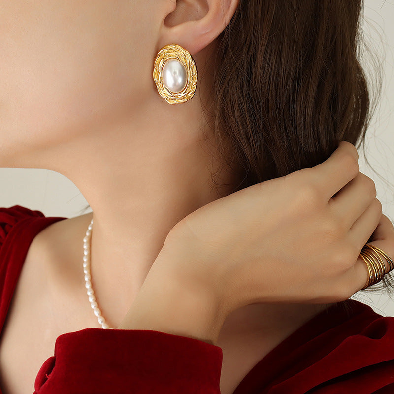 Freshwater Pearl Beaded Textured Oval Necklace Earrings Jewelry Suit