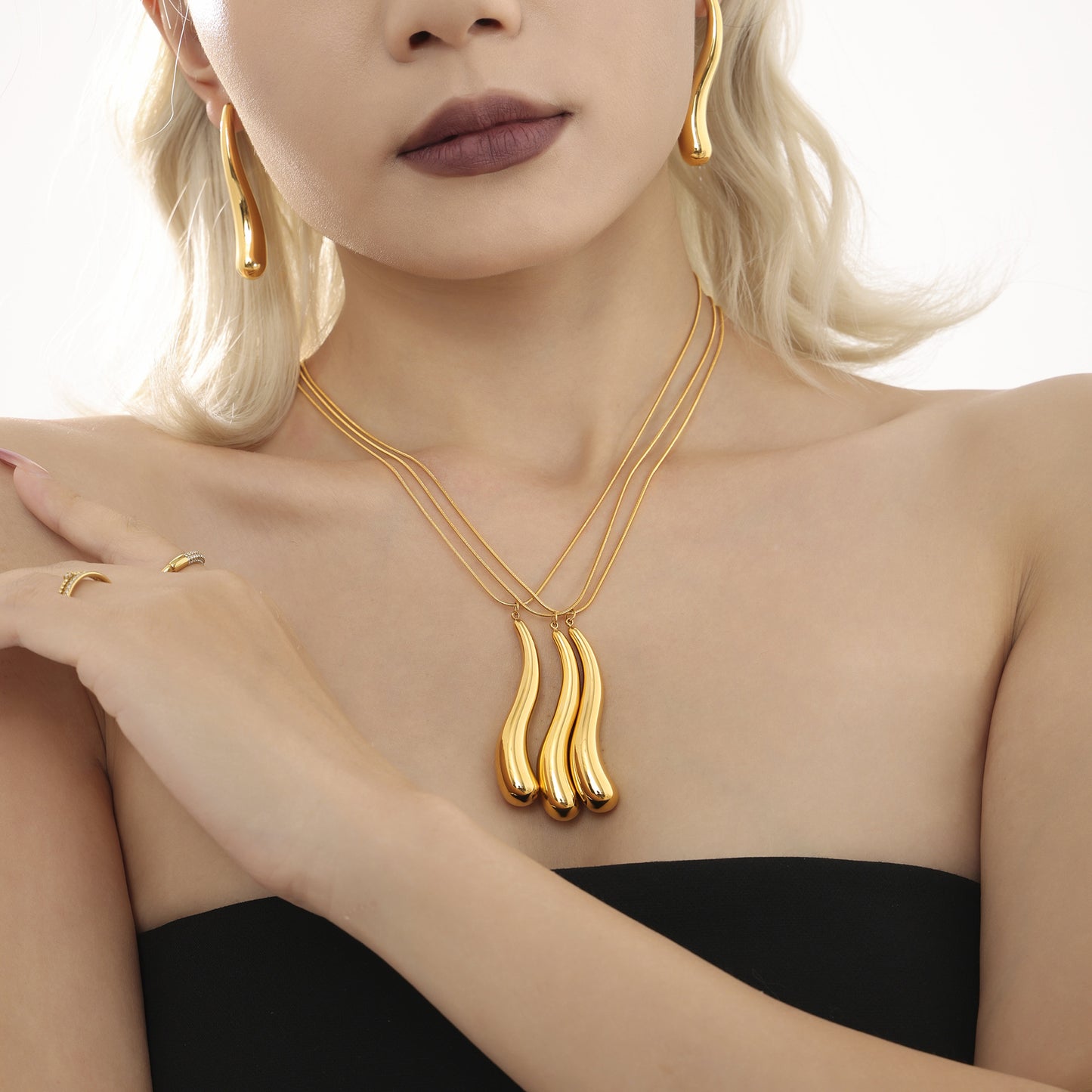 Bar Water Drop Hollow Pendant Necklace Earrings Jewelry Suit