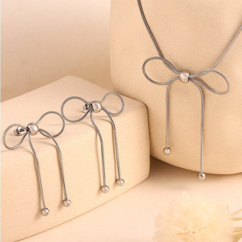 Bow Pull-out Earrings Necklace Jewelry Suit