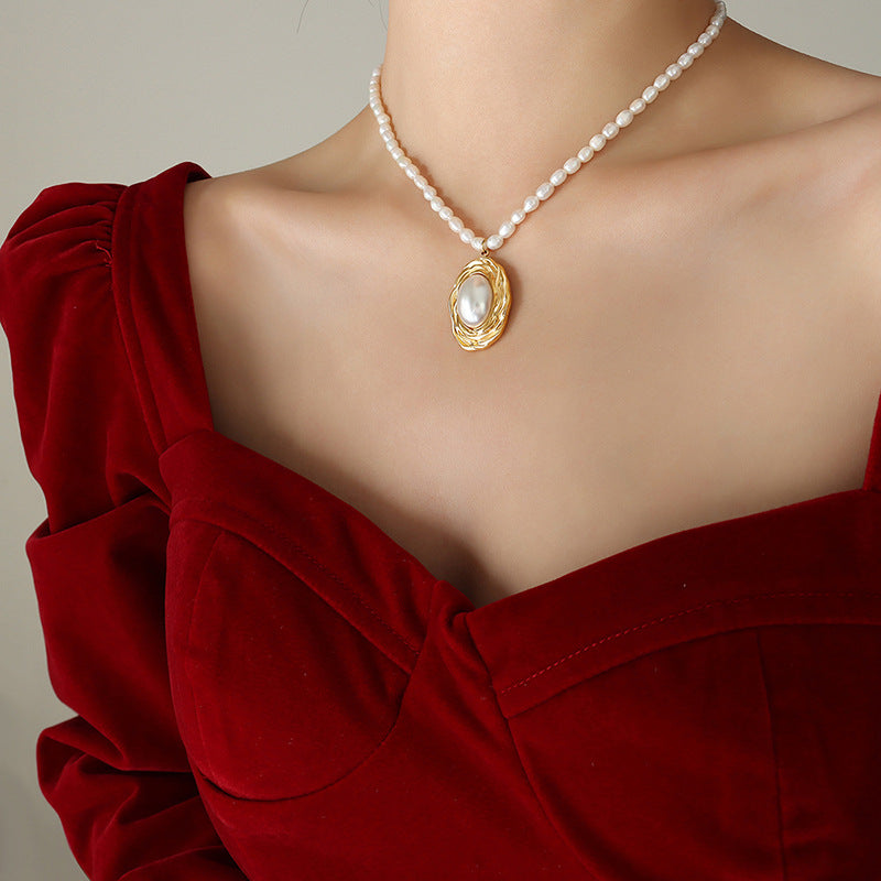 Freshwater Pearl Beaded Textured Oval Necklace Earrings Jewelry Suit