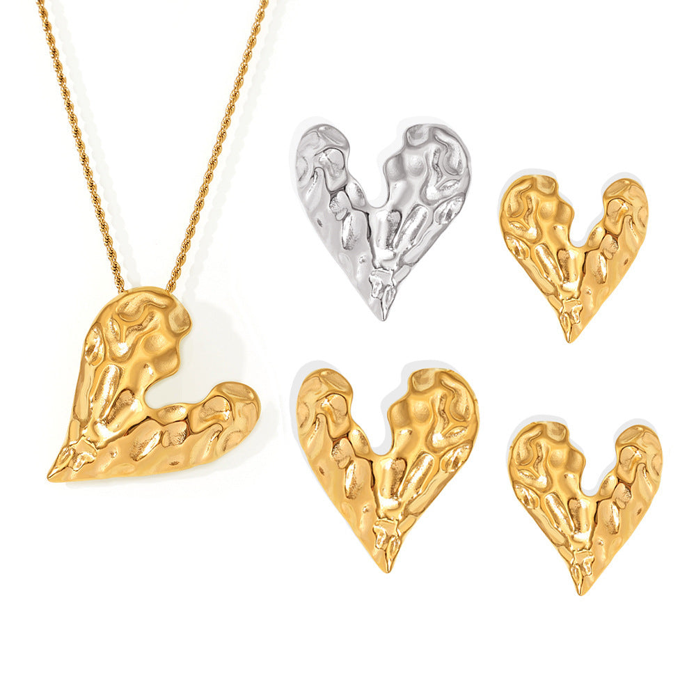 Irregular Texture Heart Shaped Necklace Earrings Jewelry Suit