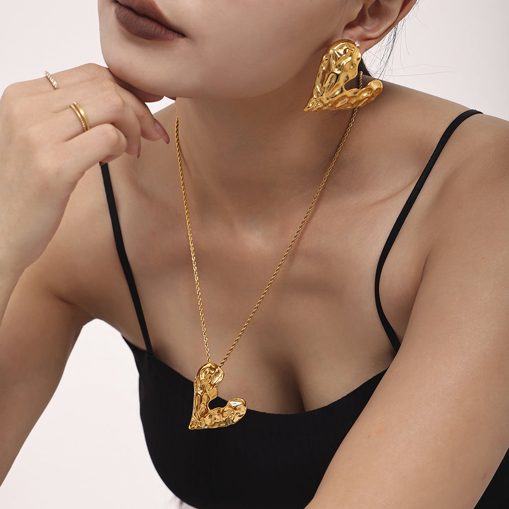 Irregular Texture Heart Shaped Necklace Earrings Jewelry Suit