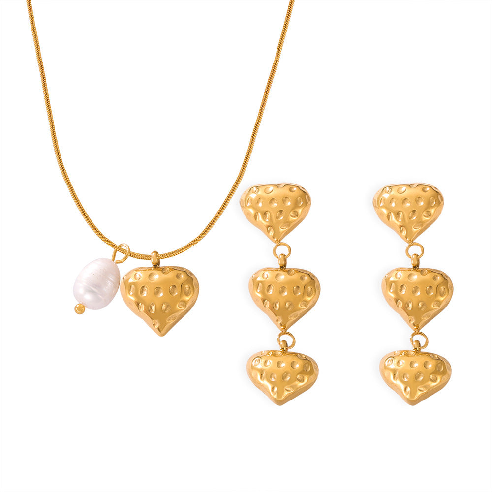 Freshwater Pearl Textured Heart Pendant Necklace Earrings Jewelry Suit