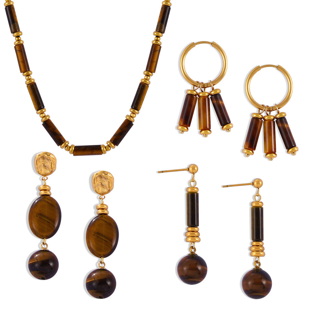 Maillard Style Vintage Tiger Eye Stone Beaded Necklace Earrings Jewelry Suit