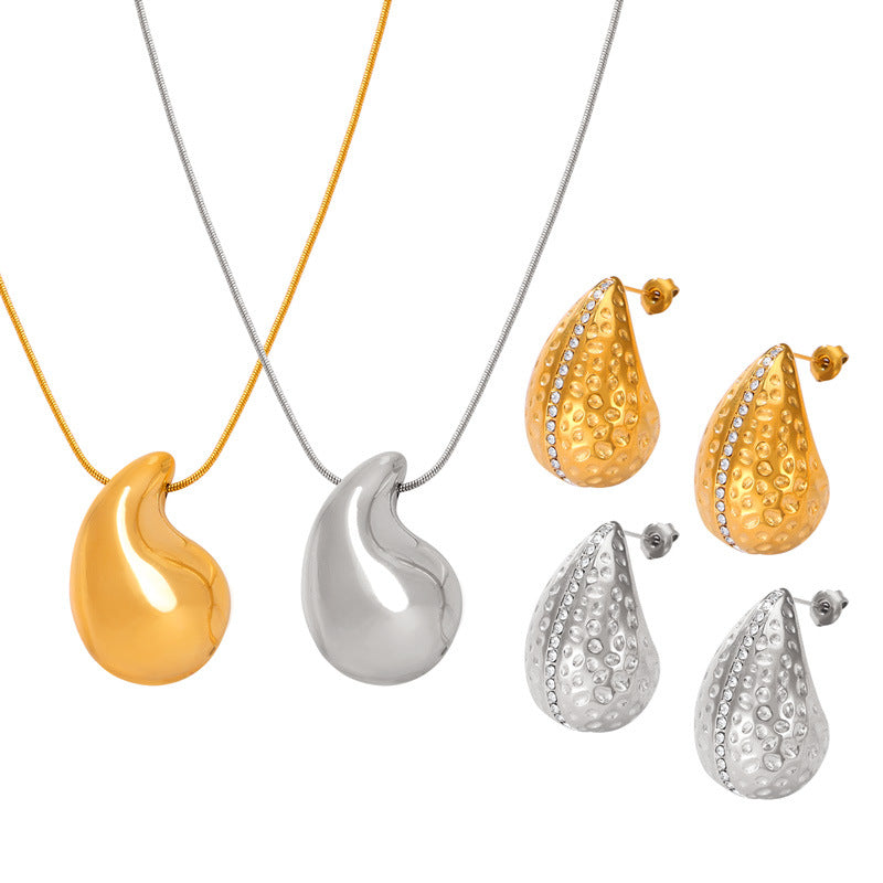 Stainless Steel Water Drop Necklace Texture Earrings Jewelry Suit