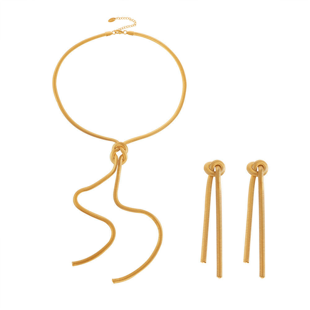 18K Gold PVD Knotted Tassel Lariat Necklace Earrings Jewelry Suit