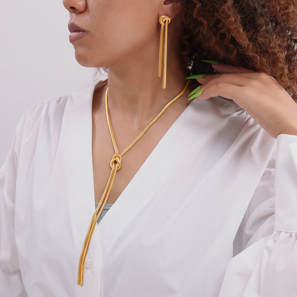 18K Gold PVD Knotted Tassel Lariat Necklace Earrings Jewelry Suit
