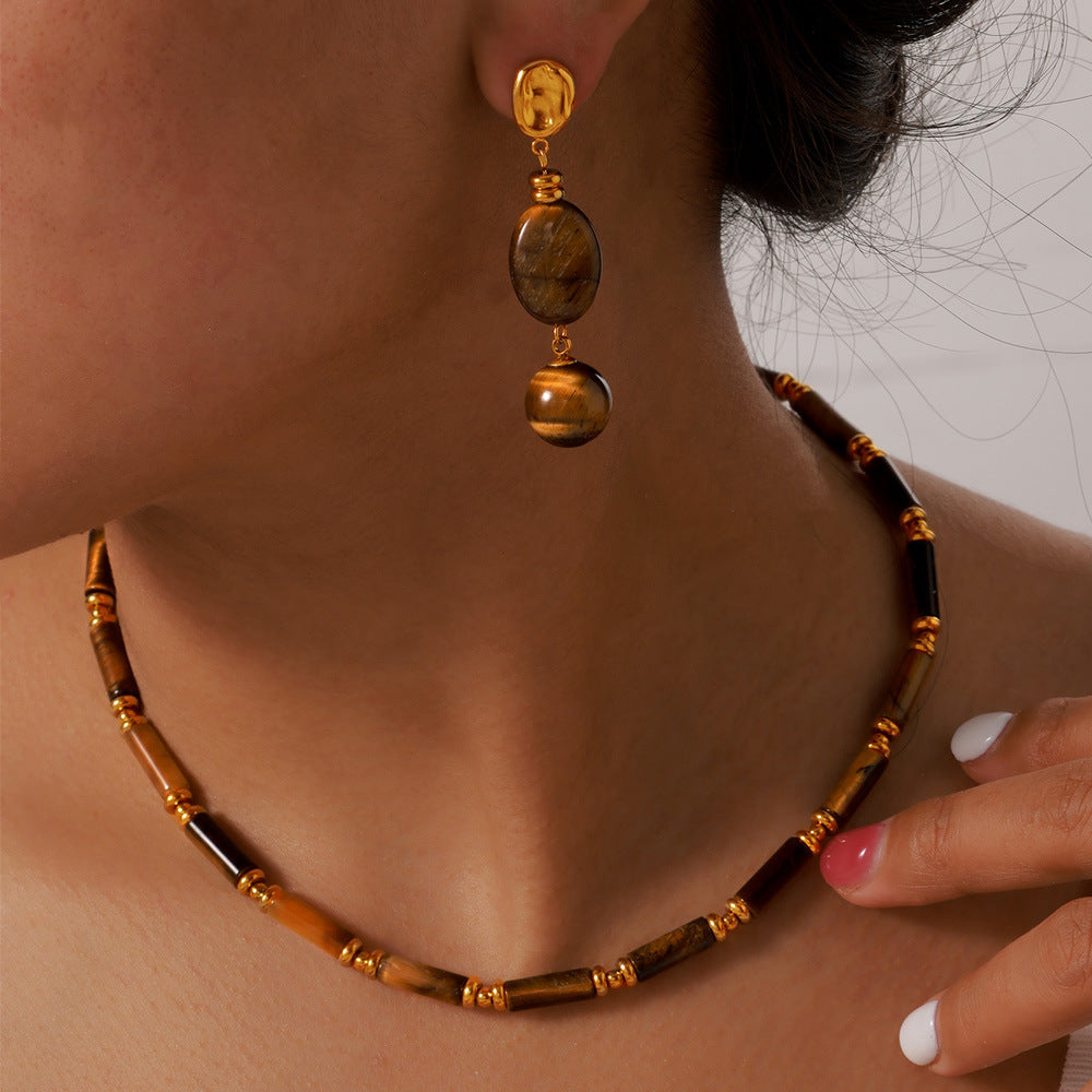 Maillard Style Vintage Tiger Eye Stone Beaded Necklace Earrings Jewelry Suit