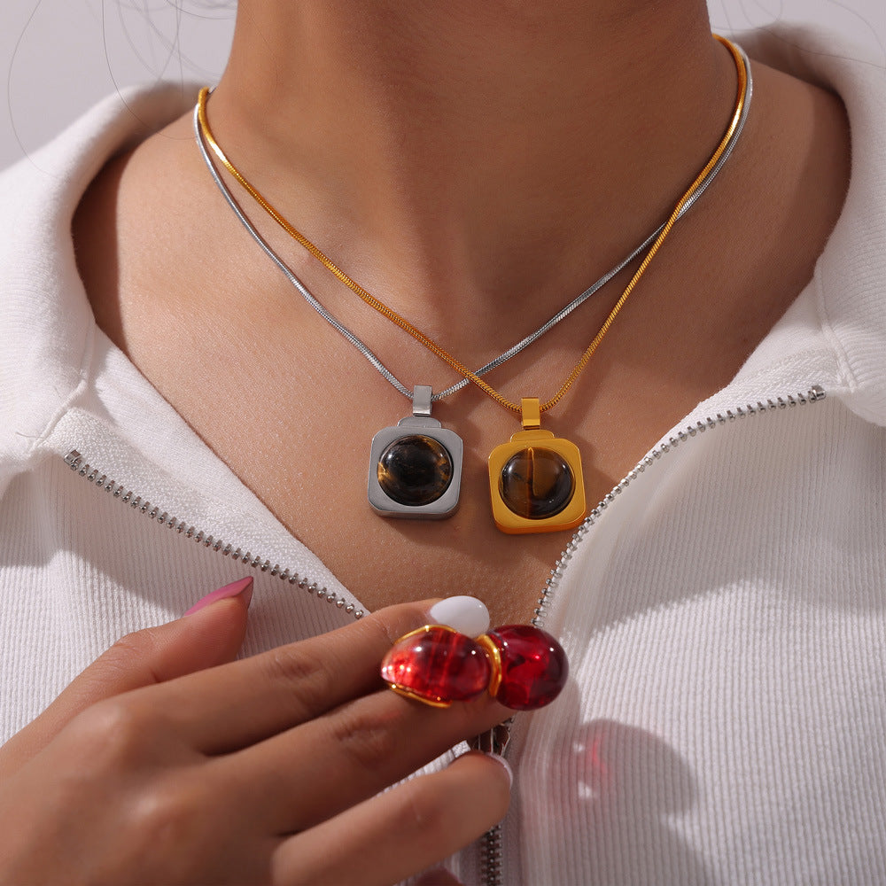 Square Inlay Tiger Eye Stone Pendant Necklace Water Drop Shaped Earrings Jewelry Suit
