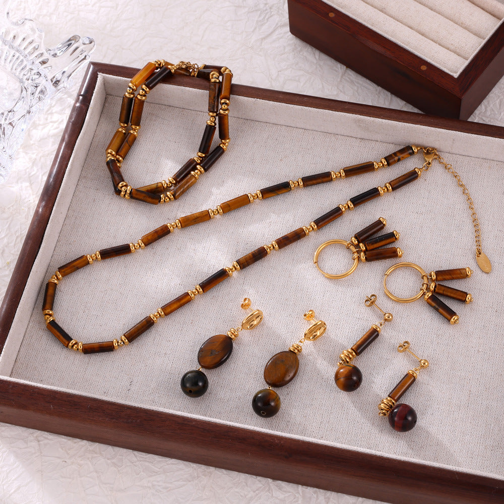 Maillard Style Vintage Tiger Eye Stone Beaded Necklace Earrings Jewelry Suit