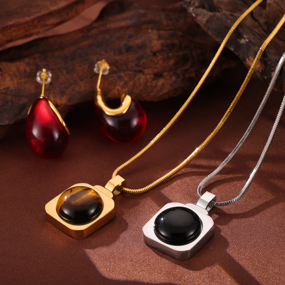 Square Inlay Tiger Eye Stone Pendant Necklace Water Drop Shaped Earrings Jewelry Suit