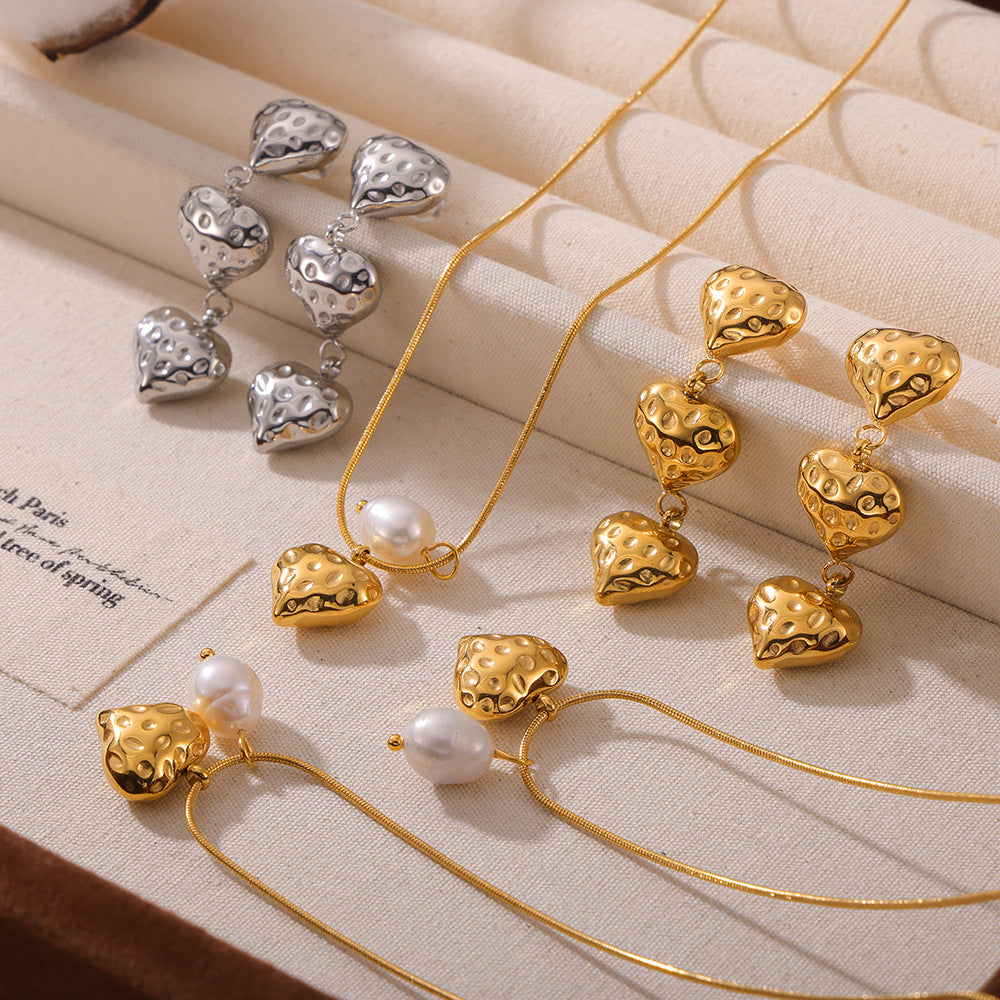 Freshwater Pearl Textured Heart Pendant Necklace Earrings Jewelry Suit