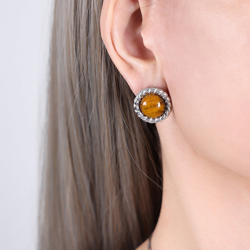 Round Tiger Eye Stone Pendant Necklace Earrings Jewelry Suit